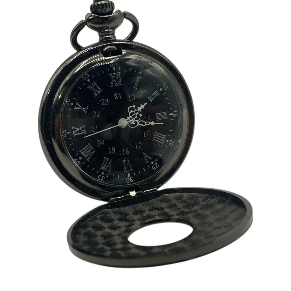 Vintage Black Pocket Watch for Men Roman Numeral Quartz New Battery